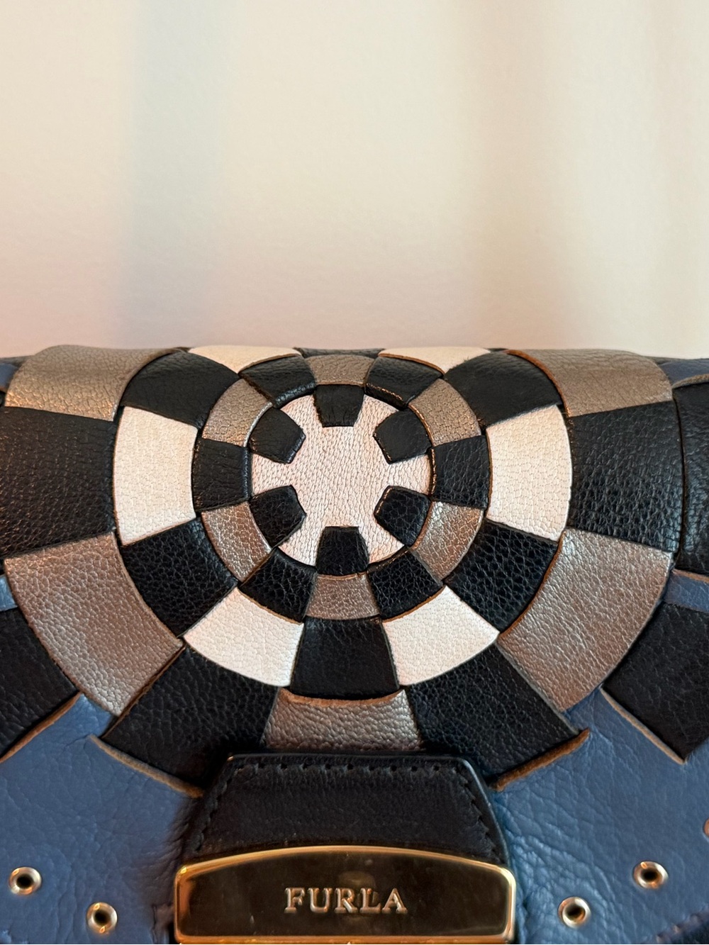FURLA Metropolis Geometric Crossbody Bag Rebel Spirit Leather Purse Blue Black - Picture 3 of 9